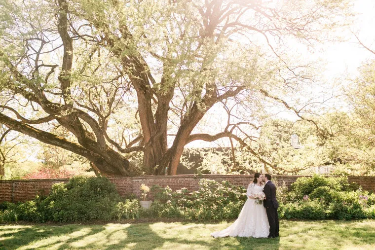 A bride and groom stand together in a sunlit garden, underneath a large, sprawling tree with fresh green leaves. The couple is dressed in formal wedding attire, sharing an intimate moment on the grass.
