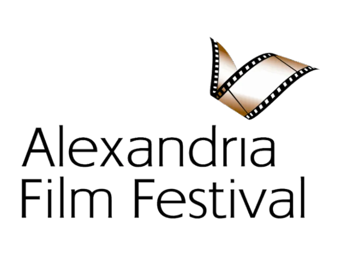 Alexandria Film Festival logo with black text and a stylized golden film strip in the shape of a bird above the words.