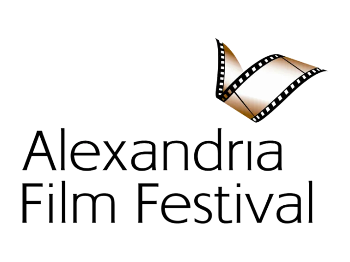 Alexandria Film Festival logo with black text and a stylized golden film strip in the shape of a bird above the words.