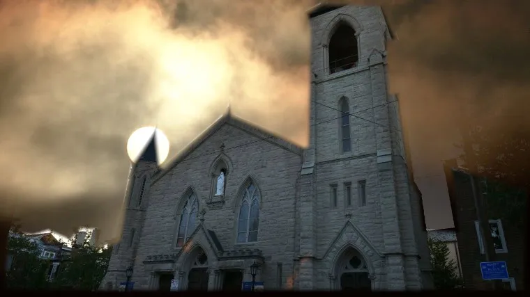 A stone church with pointed arches and a tall bell tower stands under a dramatic, cloudy sky with the sun partially obscured, casting an eerie glow over the scene.