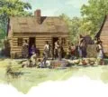 A group of people, including adults and children, gather and work outside a log cabin with a well in front. Some are tending to chores while others interact; chickens roam nearby under a sunny sky.