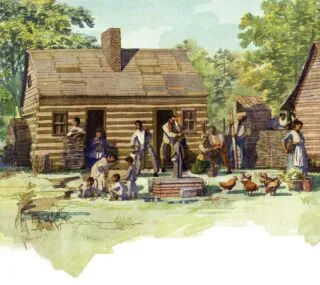 A group of people, including adults and children, gather and work outside a log cabin with a well in front. Some are tending to chores while others interact; chickens roam nearby under a sunny sky.