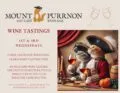 Poster for Mount Purrnon Cat Café & Wine Bar wine tastings, featuring two cats dressed in hats and clothes sipping wine at a table. Event details and pricing are included on the left side of the image.