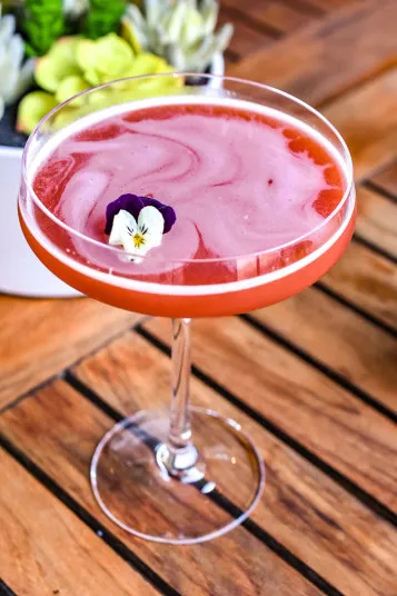 A pink cocktail in a coupe glass, garnished with a small edible flower, sits on a wooden table with a potted plant in the background.