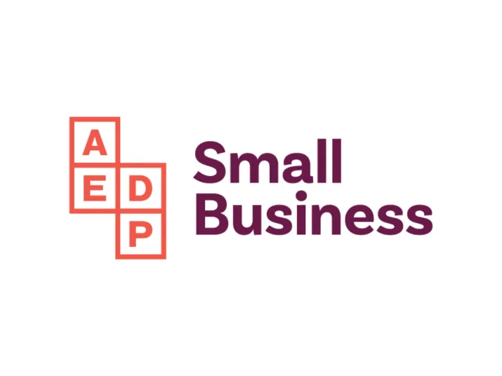 Logo with three red outlined squares stacked diagonally, each containing the letters A, E, and D in white. To the right, it says Small Business in bold, dark purple text on a white background.