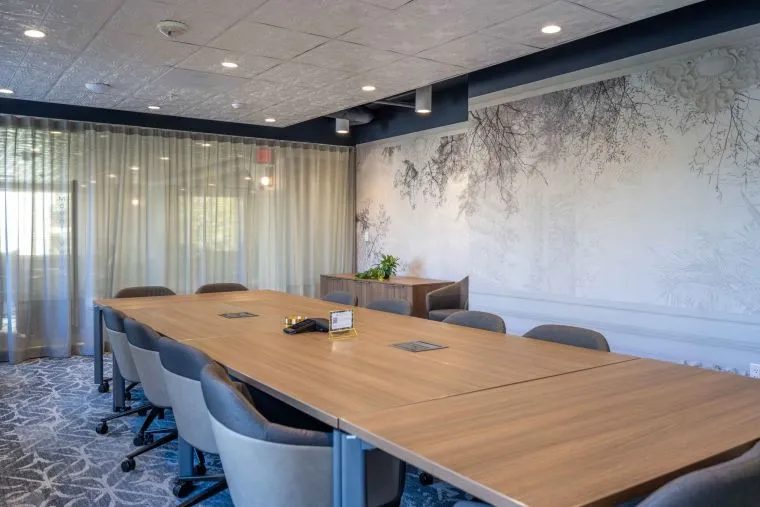 A modern conference room with a long wooden table, several gray office chairs, a phone on the table, and a large window with sheer curtains. The room has patterned carpet and a wall mural with nature designs.
