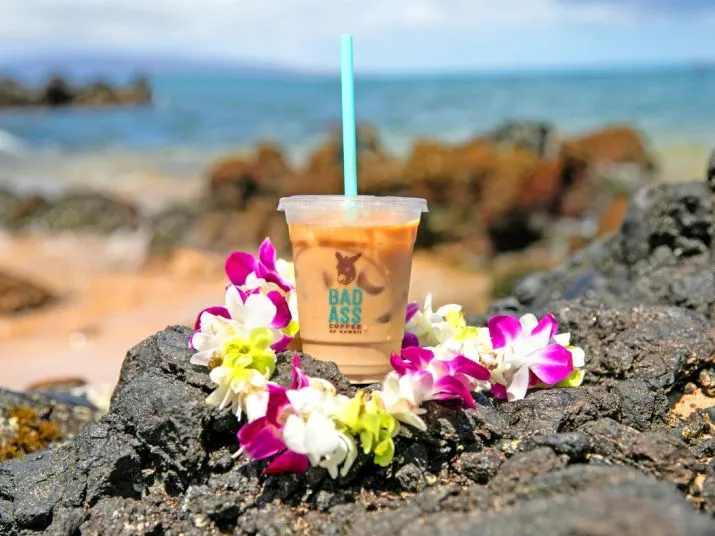 A plastic cup of iced coffee with a blue straw sits on black rocks, surrounded by a lei of purple and white flowers, with the ocean and sky blurred in the background.
