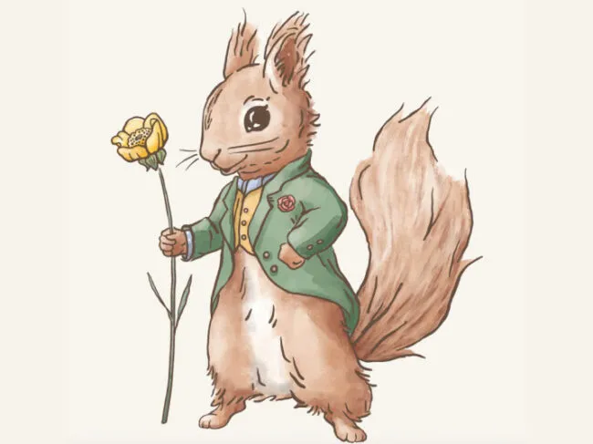 A brown squirrel standing upright, wearing a green jacket, yellow vest, and holding a yellow flower with one hand. The squirrel is illustrated in a whimsical, storybook style.
