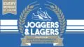 Blue graphic flyer with white and tan laurel wreath, sneakers, and text: Joggers & Lagers. Every Monday at 7:00 PM. Brought to you by Port City Brewing Co. & Pacers Running.