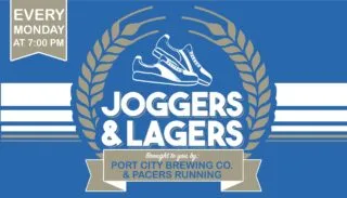 Blue graphic flyer with white and tan laurel wreath, sneakers, and text: Joggers & Lagers. Every Monday at 7:00 PM. Brought to you by Port City Brewing Co. & Pacers Running.