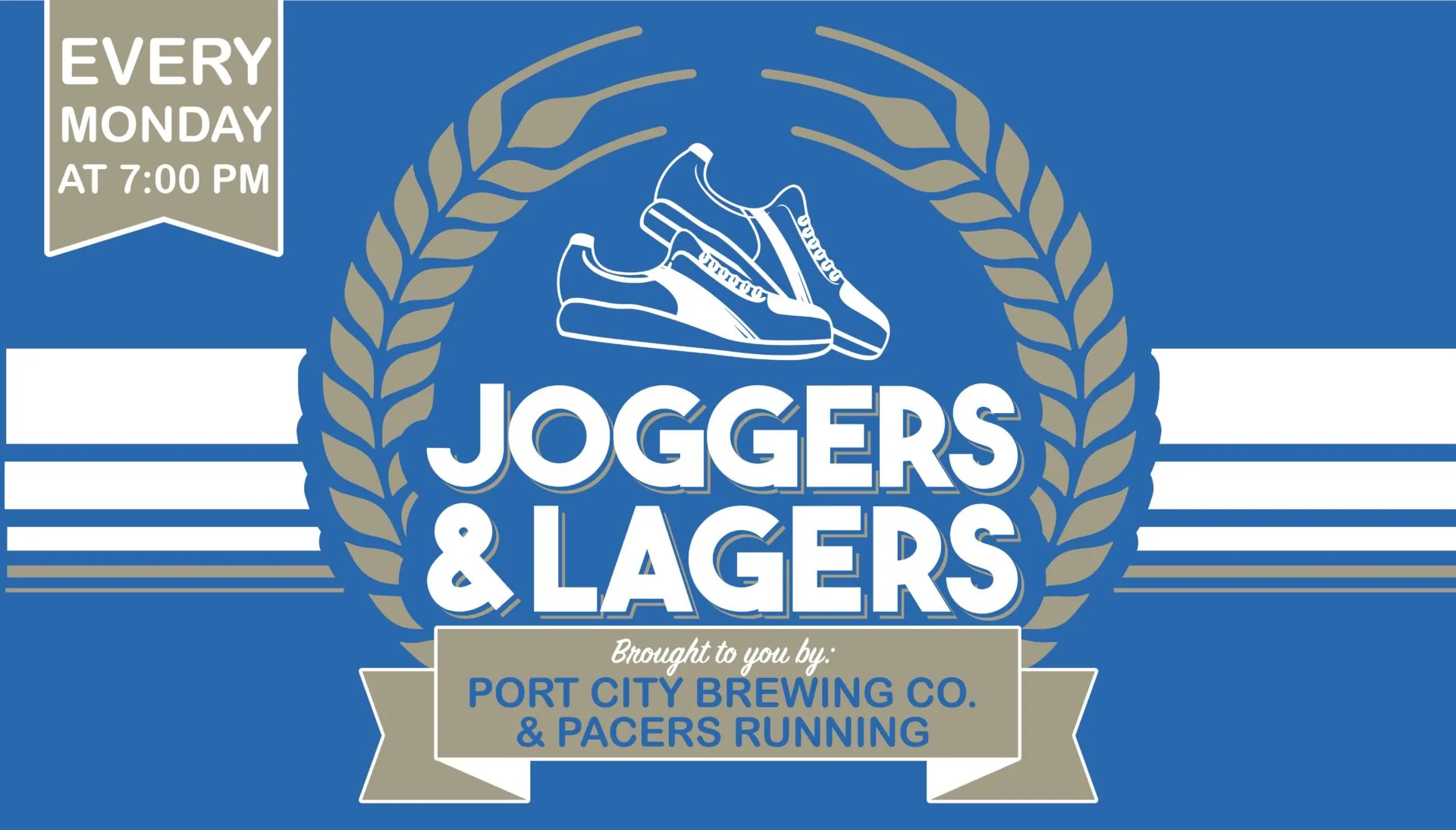 Blue graphic flyer with white and tan laurel wreath, sneakers, and text: Joggers & Lagers. Every Monday at 7:00 PM. Brought to you by Port City Brewing Co. & Pacers Running.
