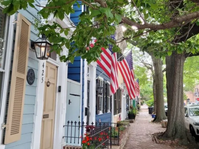 A tree-lined sidewalk with American flags hanging from colorful row houses. A pale yellow door numbered 425 is visible, along with flower boxes, brick sidewalks, and parked cars under leafy green trees.
