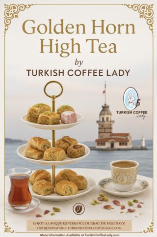 Elegant table setting with tiered serving stand and Turkish tea service