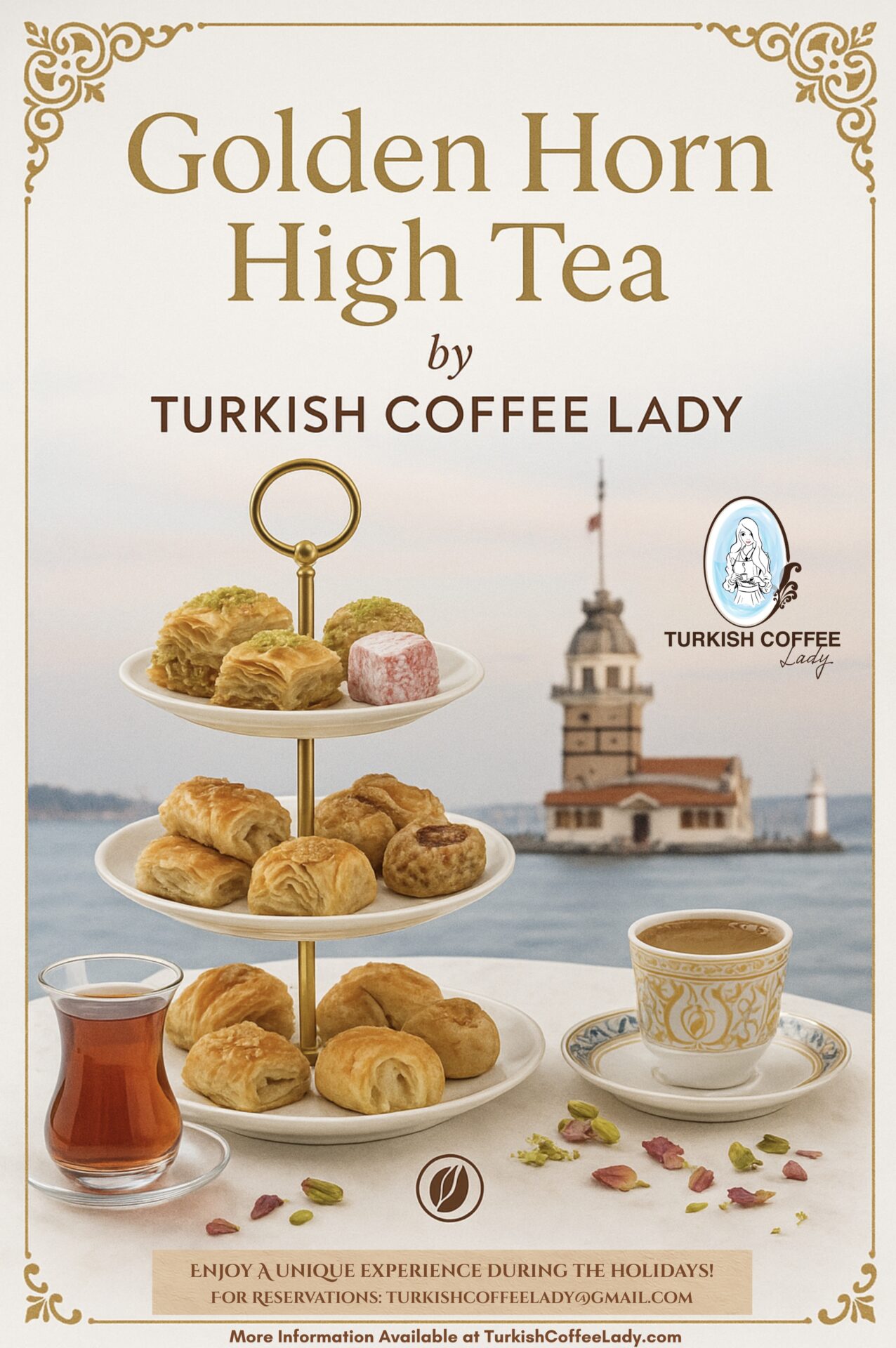 Elegant table setting with tiered serving stand and Turkish tea service
