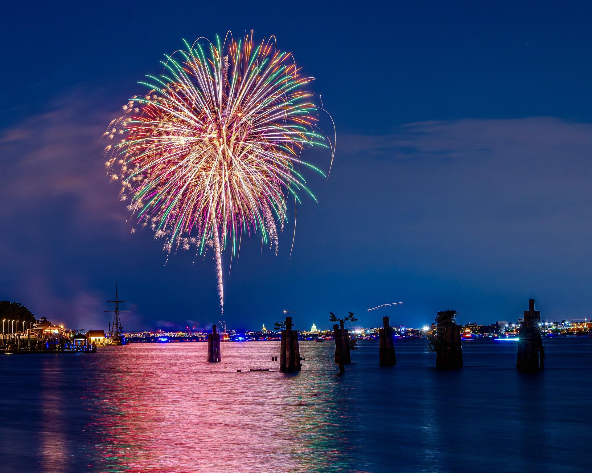 A fireworks display over the water in Old Town Alexandria.