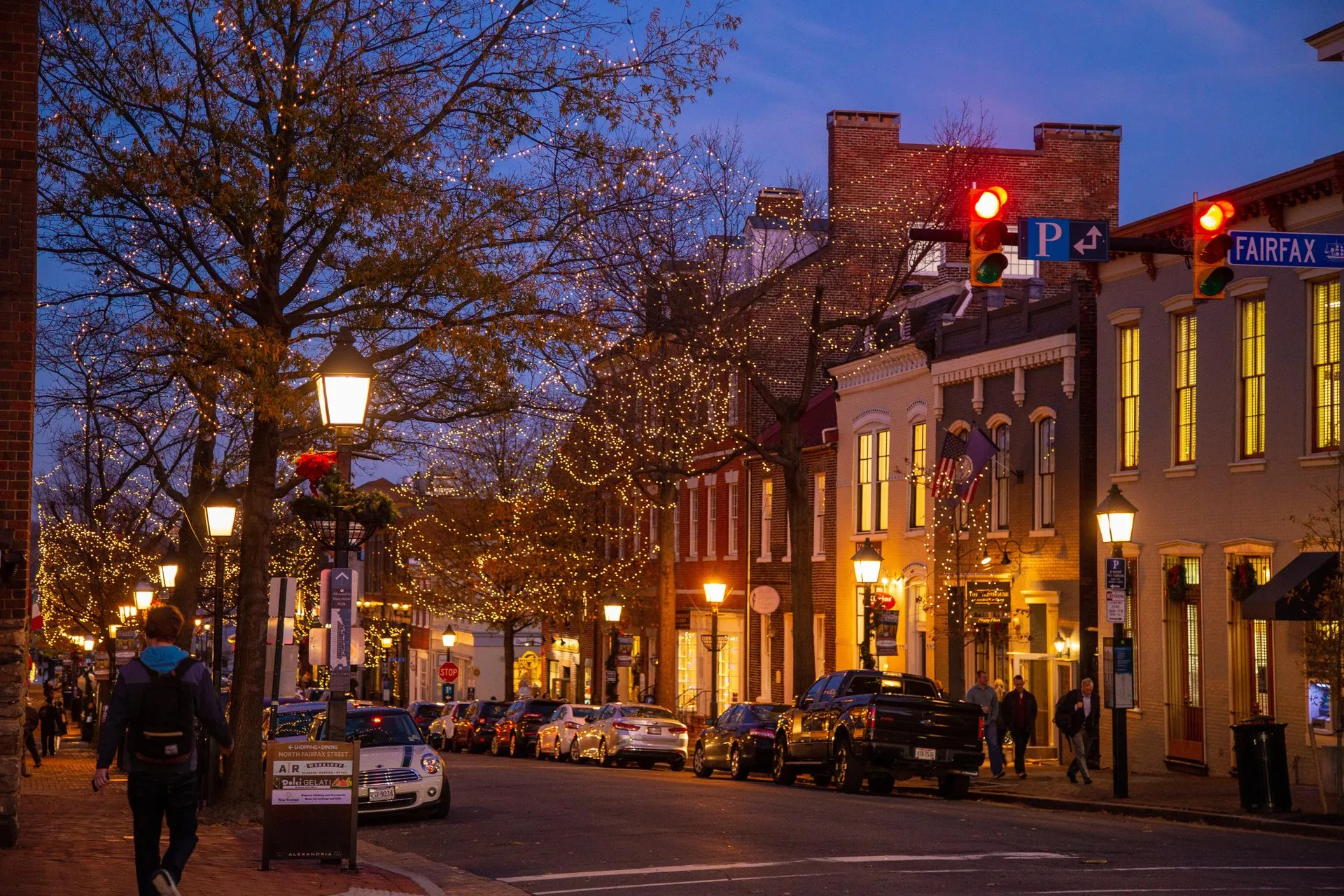 King Street at night in Old Town Alexandria.