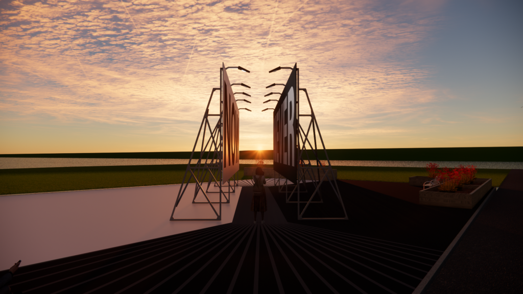A digital rendering of the Now or Never art exhibit at sunrise
