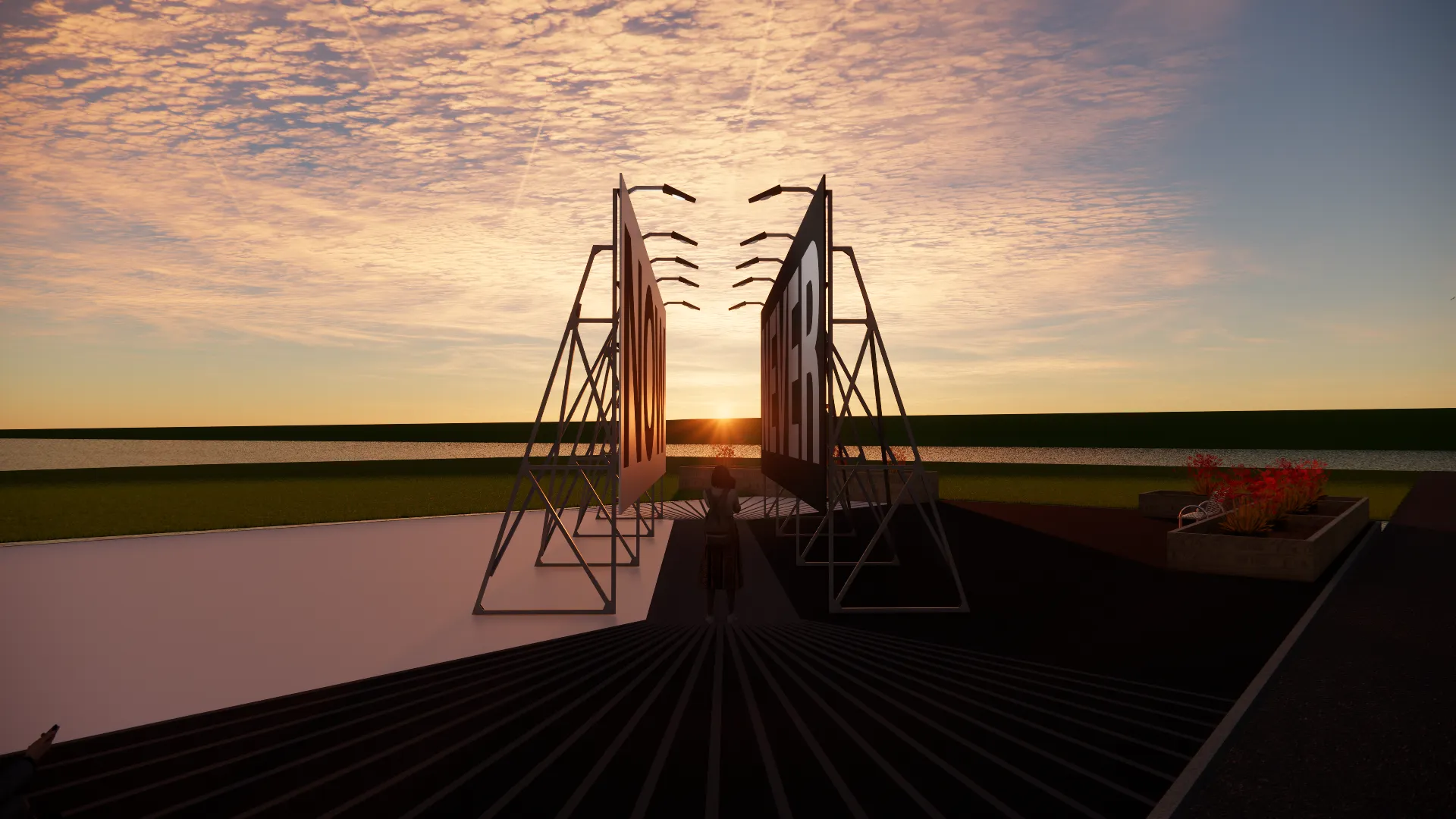 A digital rendering of the Now or Never art exhibit at sunrise