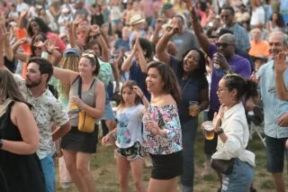 Crowd dancing and celebrating at a lively outdoor festival in Alexandria.