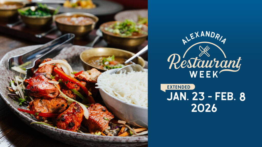 A logo for the 2026 Alexandria Restaurant Week, extended to tak place January 23 through February 8.