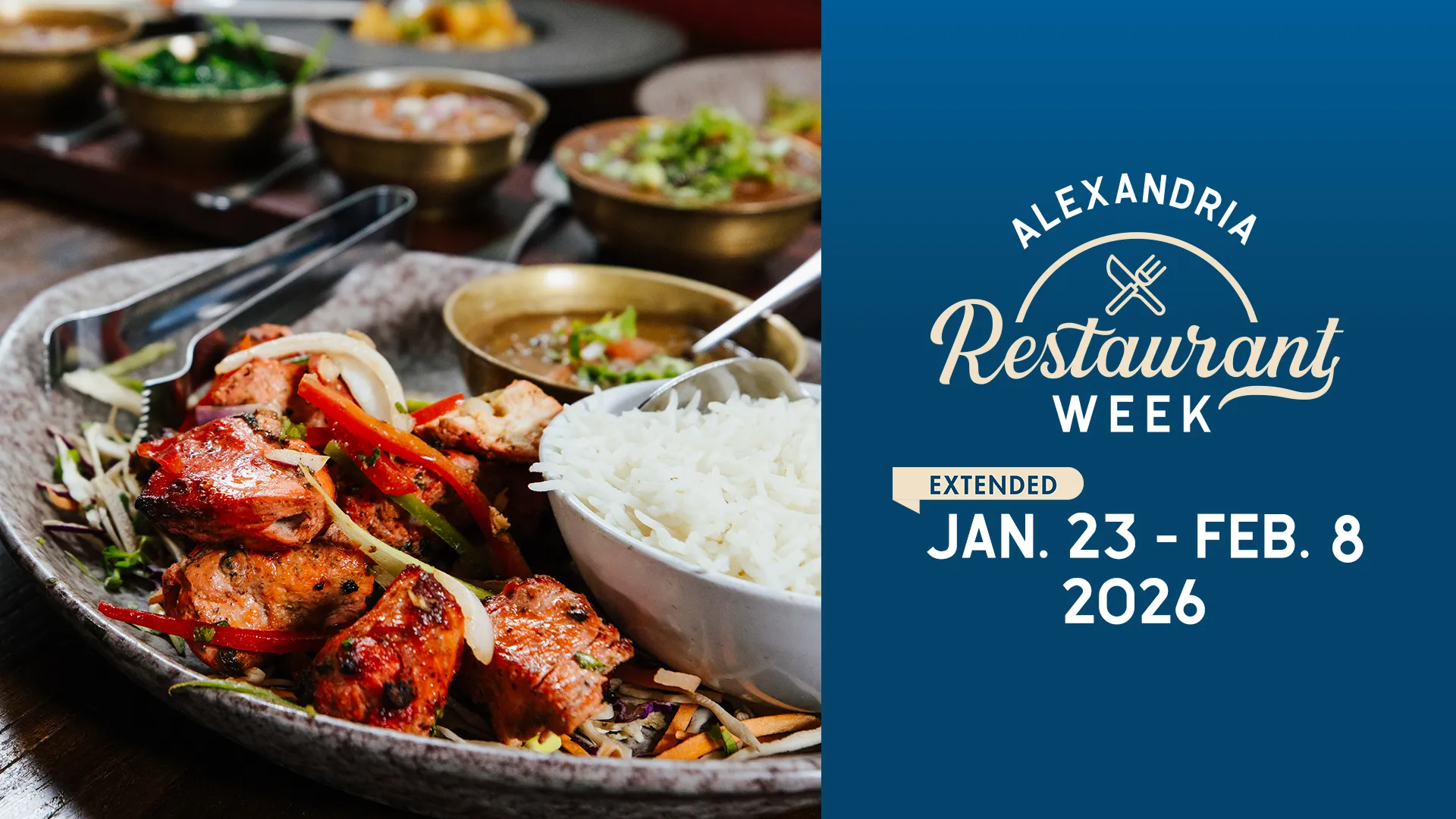 A logo for the 2026 Alexandria Restaurant Week, extended to tak place January 23 through February 8.