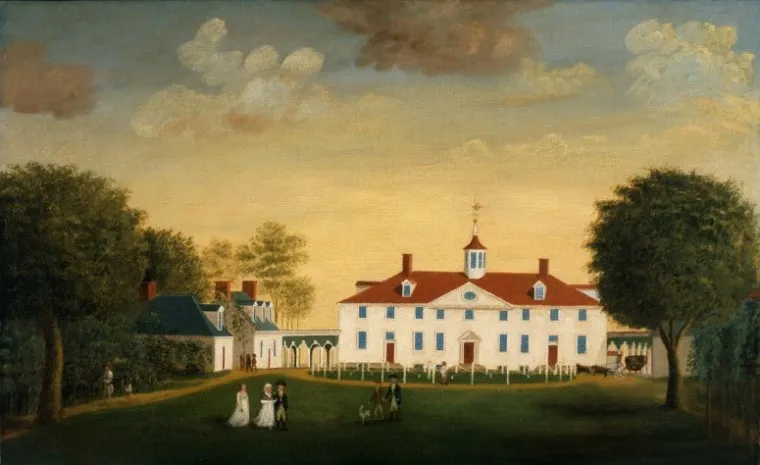 Painting of George Washington’s Mount Vernon estate with figures on the lawn under a yellow sky.