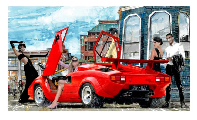 A vibrant painting of a red sports car with its doors open. A woman in sunglasses sits inside, while three stylishly dressed people pose confidently around the car in an urban setting.