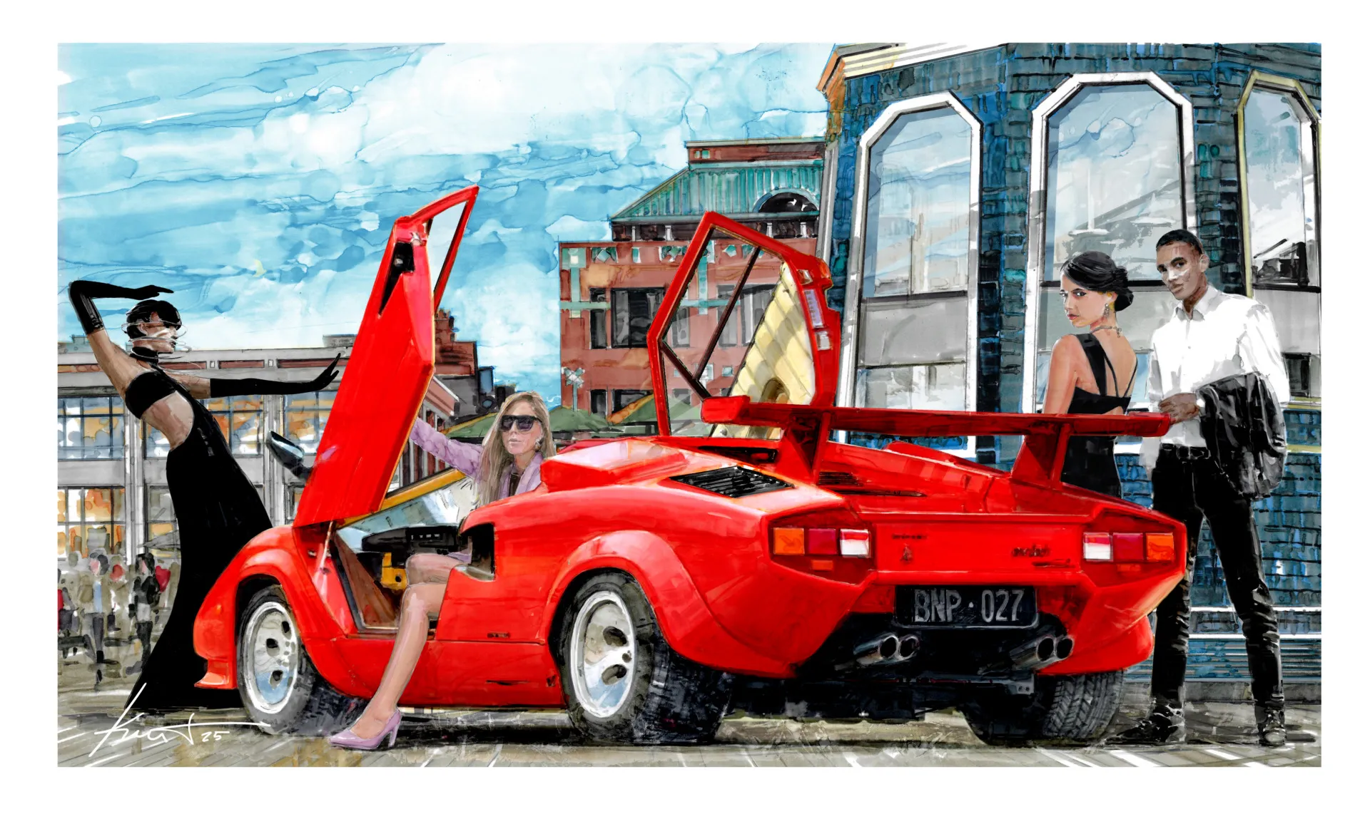 A vibrant painting of a red sports car with its doors open. A woman in sunglasses sits inside, while three stylishly dressed people pose confidently around the car in an urban setting.