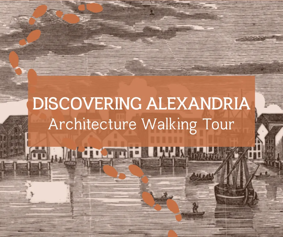 Vintage-style illustration of an Alexandria waterfront with text: Discovering Alexandria Architecture Walking Tour.