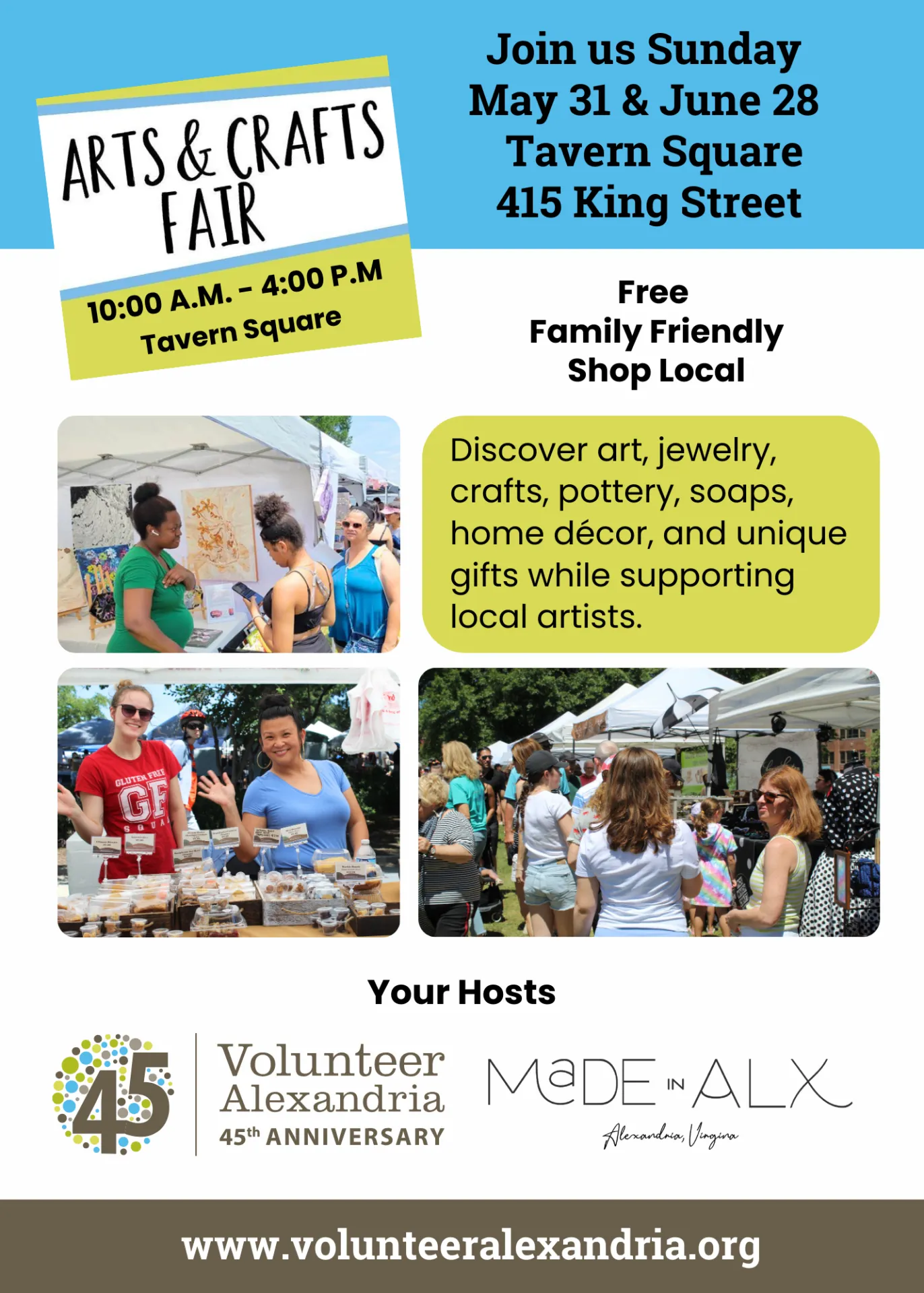 Flyer for Volunteer Alexandria Arts & Crafts Fair at Tavern Square on May 31 & June 28.