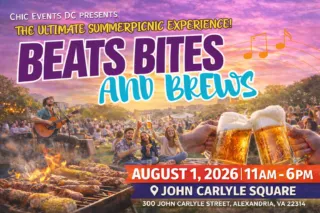 Beats, Bites and Brews event poster for August 1, 2026, at John Carlyle Square.
