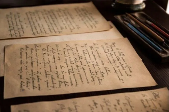 Close-up of vintage handwritten letters with elegant cursive script on aged, yellowed paper.