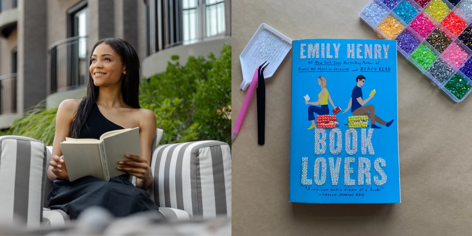 A split-screen image featuring a woman reading a book on an outdoor patio and a flat lay of the book