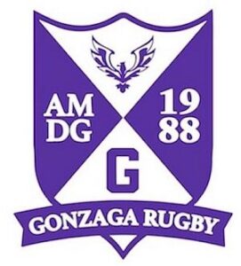The Gonzaga Rugby logo is a purple shield that contains a capital "G" and the year 1988.