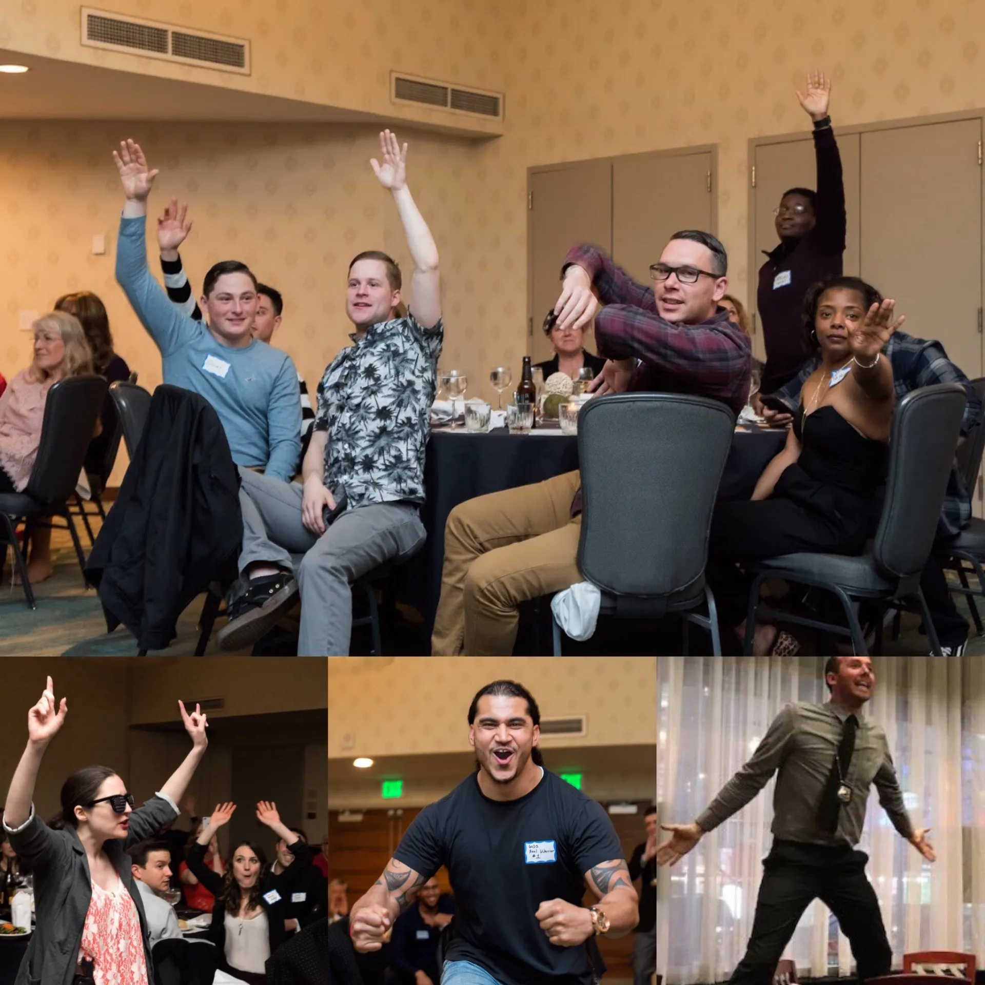 Hand raised during interactive Dinner Detective murder mystery performance at Sheraton Suites
