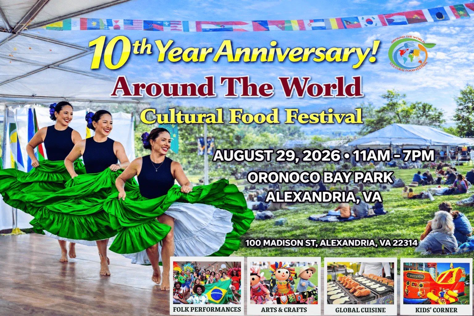 Flyer for the 10th Anniversary Around The World Cultural Food Festival at Oronoco Bay Park.