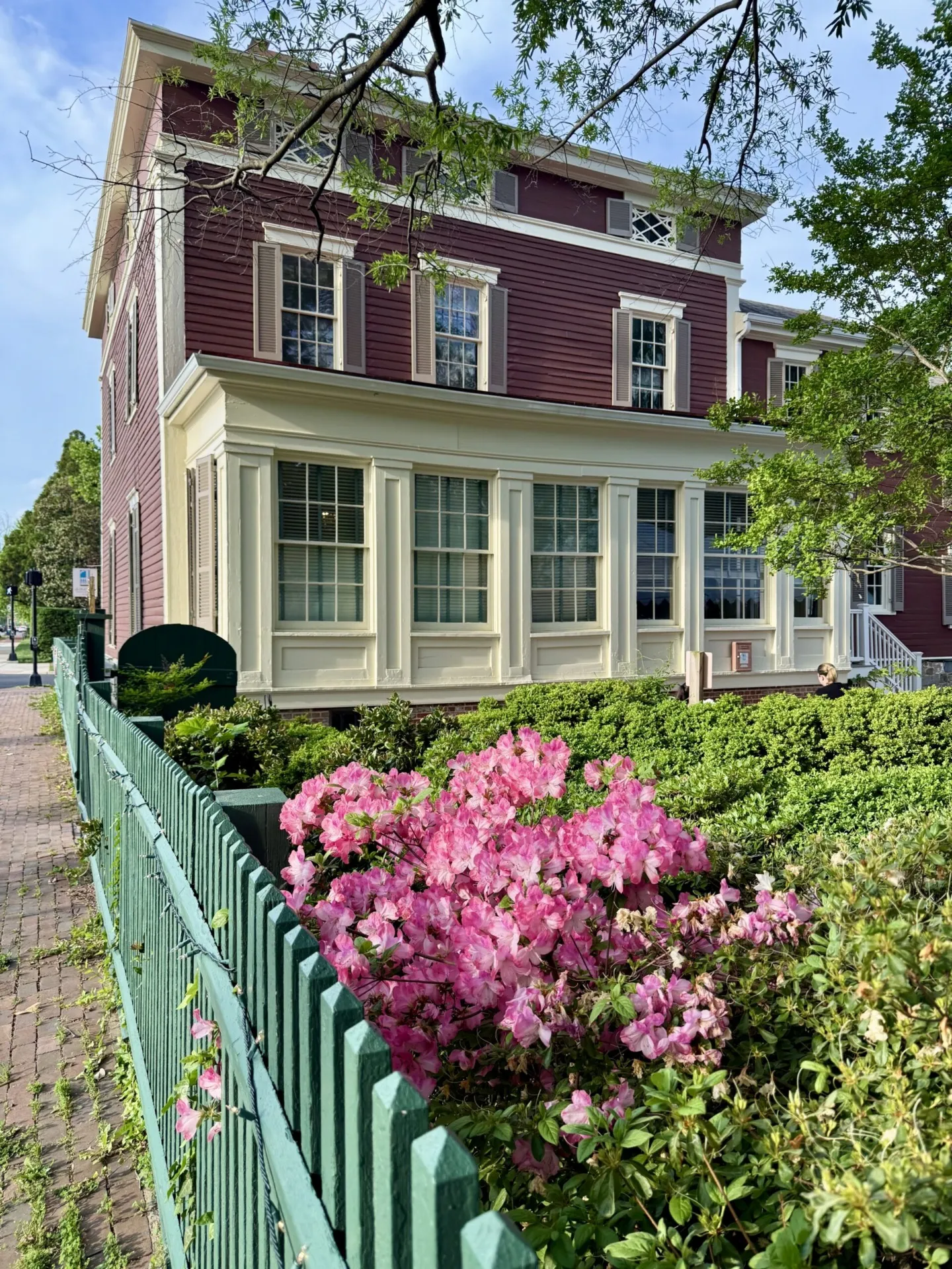 The historic Lee-Fendall House Museum & Garden featuring blooming pink azalea bushes by a green fence.