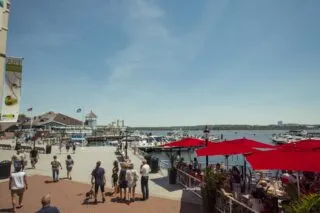 People walking along the paved waterfront promenade next to outdoor restaurant dining with red umbrellas at the Alexandria marina.