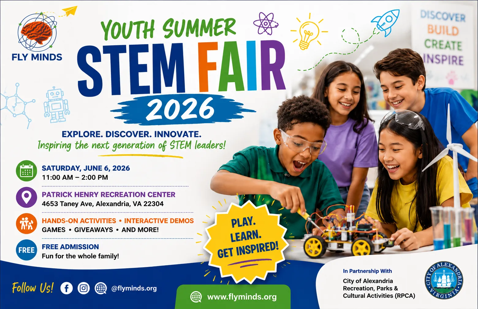 Flyer for Youth Summer STEM Fair 2026, June 6 from 11 AM-2 PM at Patrick Henry Recreation Center.