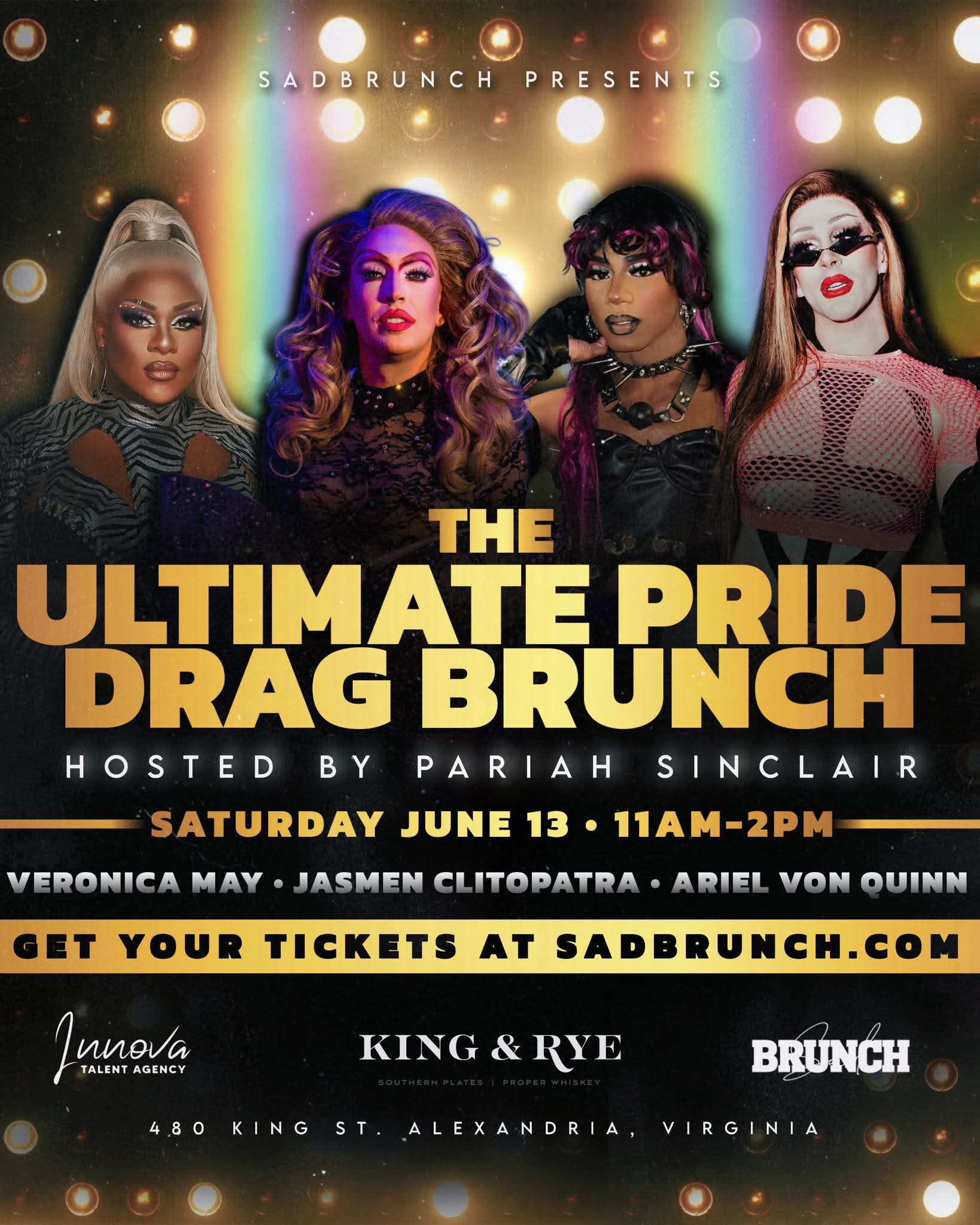 Flyer for The Ultimate Pride Drag Brunch, June 13, 11 AM-2 PM at King & Rye in Alexandria.
