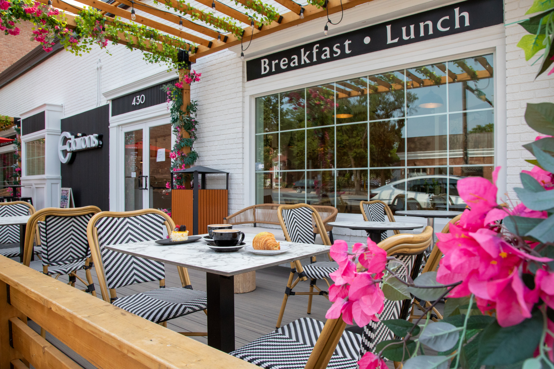 Exterior shot of outdoor seating at Eclairons.